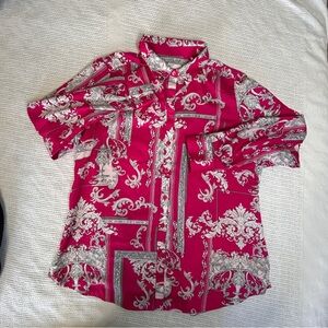 Foxcroft Women’s size 14 Non Iron Fuchsia and White Floral Top Blouse career